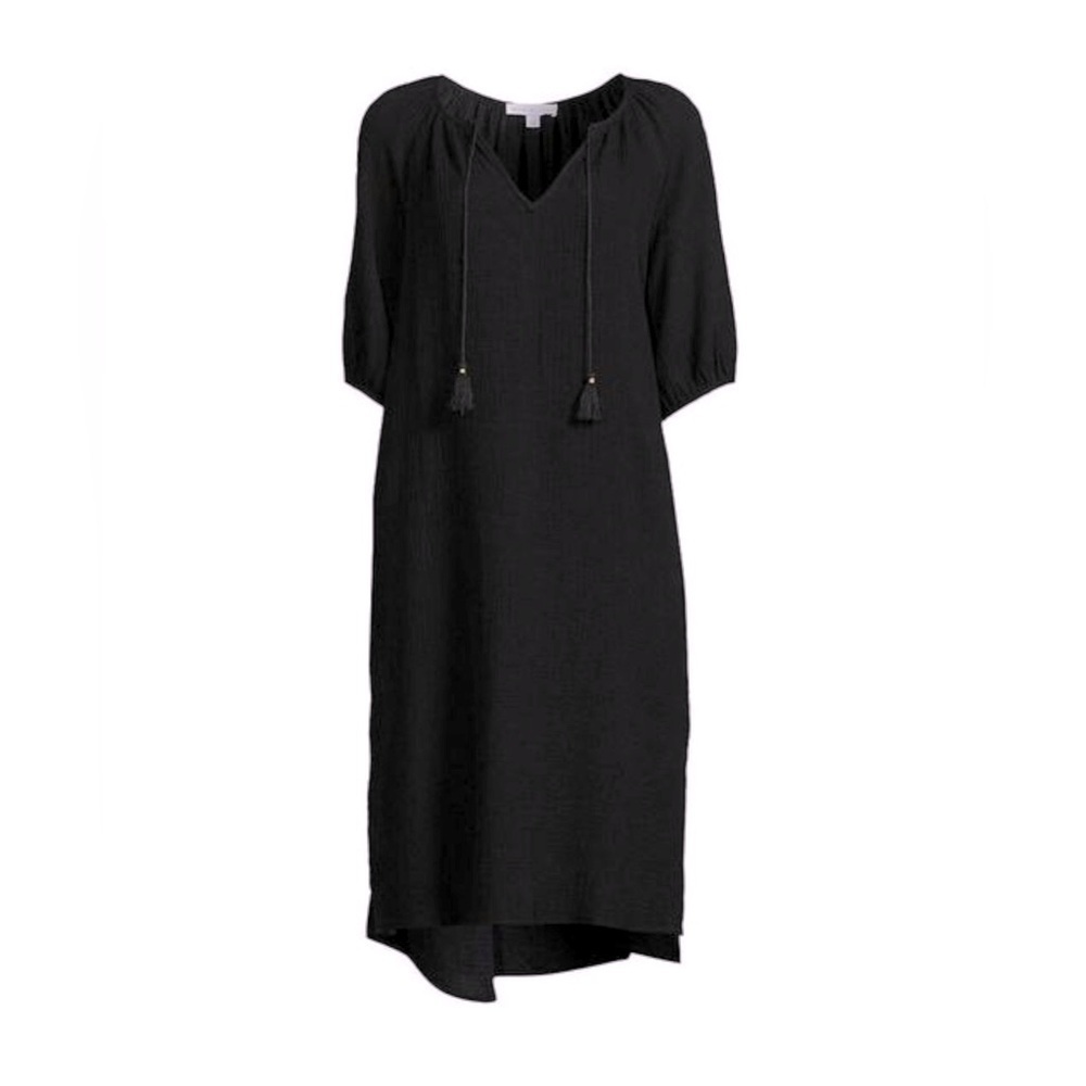 Socialite Black Cotton Tassel Tie Neck Shift Dress | 3/4 Sleeve Boho Midi Size M - Picture 2 of 6